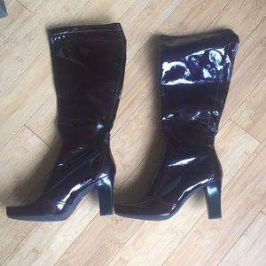 Patent leather red knee-high boots